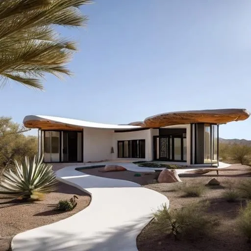 Prompt: a white mud desert house retreat with arches that effortlessly integrate into the lush desert scenery, designed to maximize space and minimize heat. Natural components are used into the interior, such as wood and landscape features, to harmoniously blend in with the surroundings.