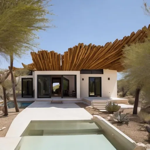 Prompt: a white mud desert house retreat with arches that effortlessly integrate into the lush desert scenery, designed to maximize space and minimize heat. Natural components are used into the interior, such as wood and landscape features, to harmoniously blend in with the surroundings.