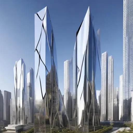 Prompt: A cutting-edge skyscraper in the heart of a bustling city with fractal patterns etched into the glass, suspended gardens, clean lines, stark white light reflecting off of mirrored surfaces, sophisticated and sleek, technical
