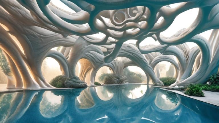 Prompt: Fluid form, organic, biomorphic, Terracotta, mud hut, futuristic, glossy white, 3D print, perforated clay, lush ornamental landscaping, illuminated glowing pool, swoopy, sinuous, sunrise, foggy, cinematic photography