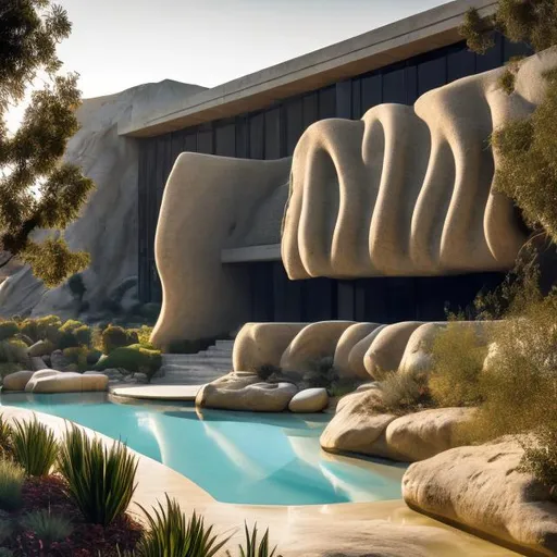 Prompt: rammed earth, carved rock, flowing, mountainside, perforated, grassy, modern, futuristic, glossy white, sinuous chateau, illuminated pool, vines, ivy, artificial lighting, desert landscaping, accent lighting, sunrise, mist