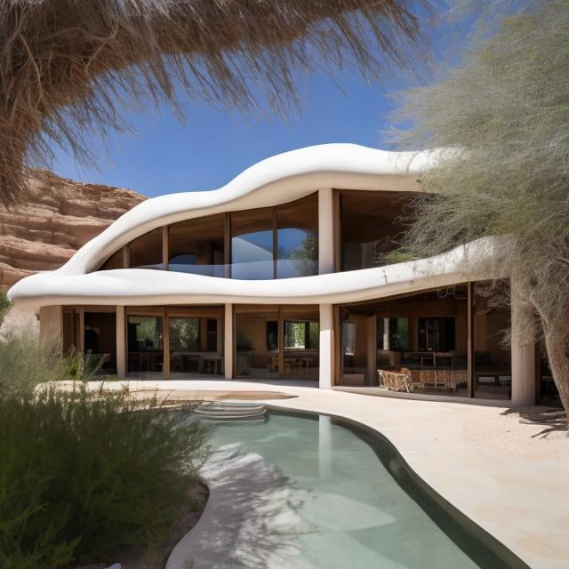 Prompt: a white mud desert house retreat with arches that effortlessly integrate into the lush desert scenery, designed to maximize space and minimize heat. Natural components are used into the interior, such as wood and landscape features, to harmoniously blend in with the surroundings.