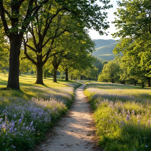 Prompt: Peaceful path in a park with trees and meadows and flowers

Hills in the background

Gentle light
