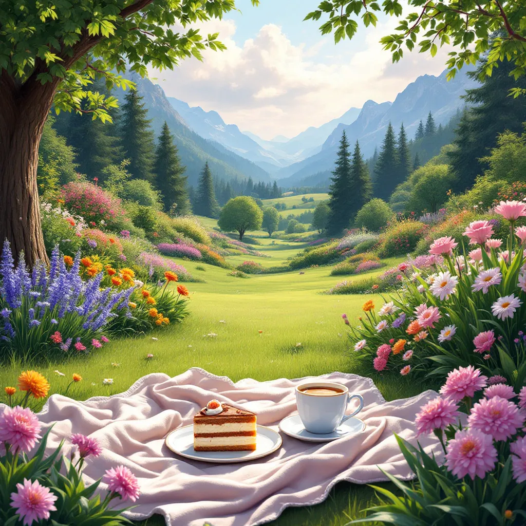 Prompt: Beautiful garden with trees, flowers, a blanket with coffee and cake, and mountains in the background