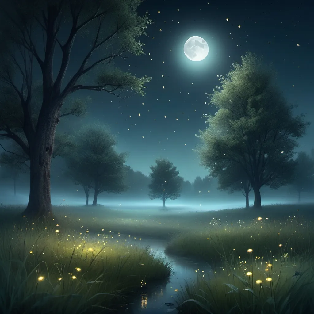 Prompt: Misty meadows at night, with tiny fireflies floating around, few beautiful trees, moon gentle shining
