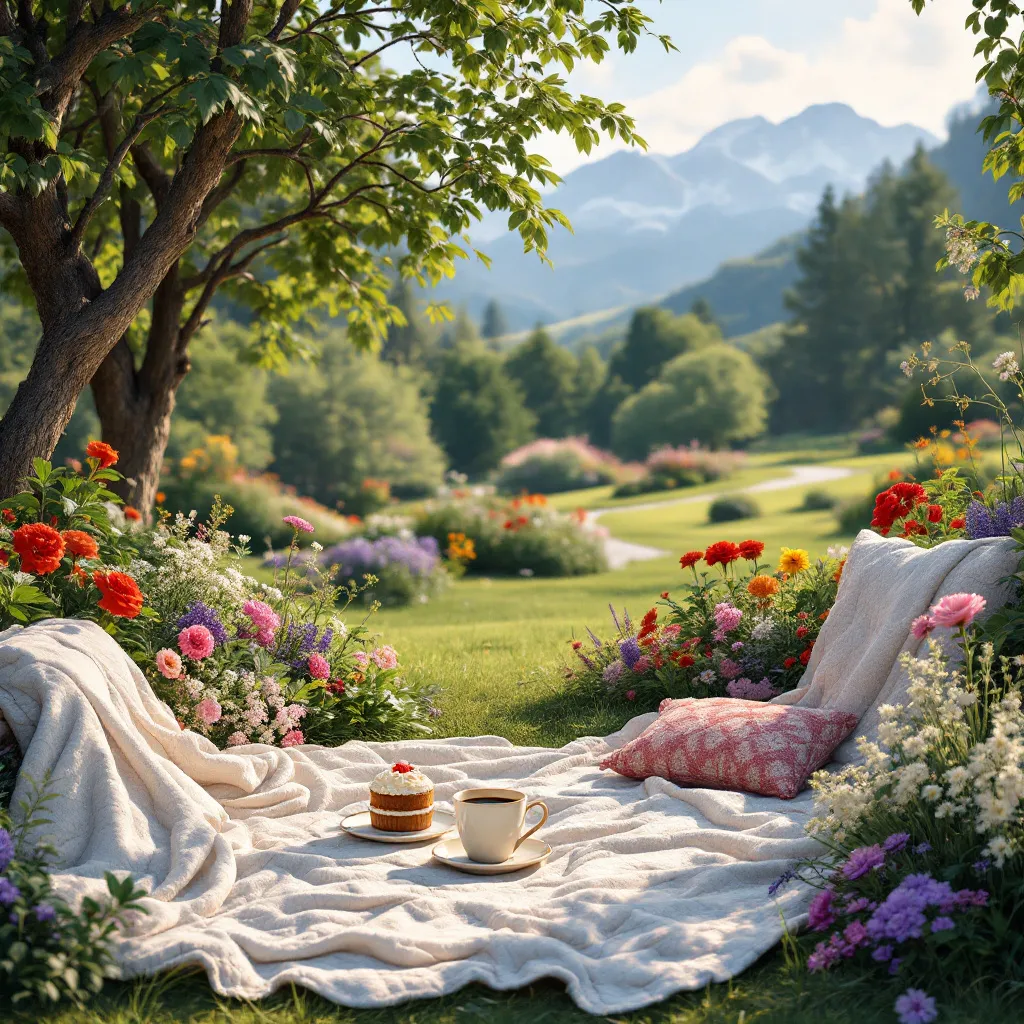 Prompt: Beautiful garden with trees, flowers, a blanket with coffee and cake, and mountains in the background
