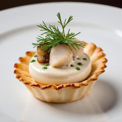 Prompt: butterfish canape with creme fraiche sauce served on a forminha tart shell 