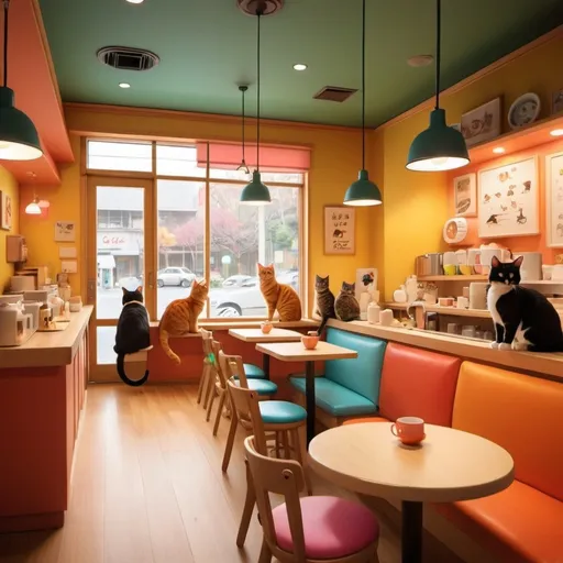 Prompt: A vibrant, colorful cat café in Tokyo, illustrated in a Pixar-like style. The scene is a wide shot, with cats serving as waiters, interacting with customers in a cozy, inviting environment. The composition and lighting evoke the mood of Edward Hopper's works, with a warm, welcoming atmosphere and detailed surroundings