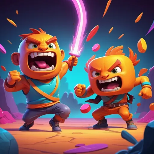 Prompt: Vibrant 2D illustration of a dynamic 1 on 1 battle scene, playful and colorful, cartoon style, energetic and lively characters, interactive game elements, high quality, 3D rendering, vibrant colors, animated, kid-friendly, fun-filled, engaging lighting