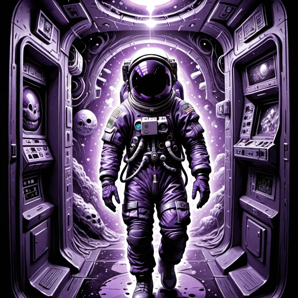 Prompt: 
astronaut, horror poster 9 0 s, cosmic horror, abstract, ghostly, arcade, duotone, 
poltergeist, lets get weird, intricate, elegant, highly detailed, digital painting, artstation, 
smooth, sharp focus, art by mondo, julian del rey and greg rutkowski, david la chapelle, 
ultraviolet colors,
1500.