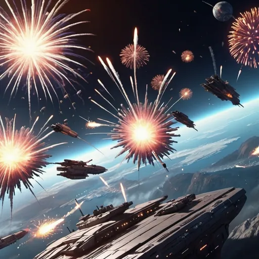 Prompt: a planet cheering at a space fleet of ships (with shields and railguns and ballistics.) and futuristic fireworks. and view from atmosphere