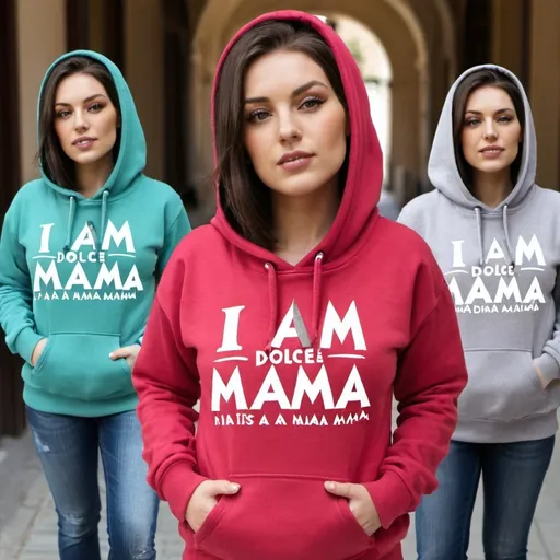 Prompt: I want 5 images of a girl wearing a hoodie that has the words "I am a Dolce Mama" written on the front. I want each photo to have a different coloured hoodie 
