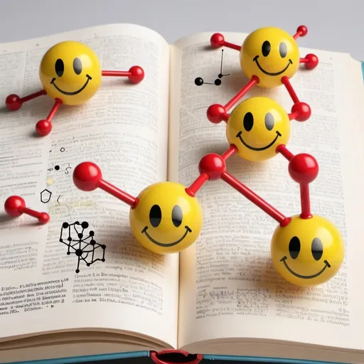 Prompt: show a molecule with atoms with smiley faces poping out of physics text book