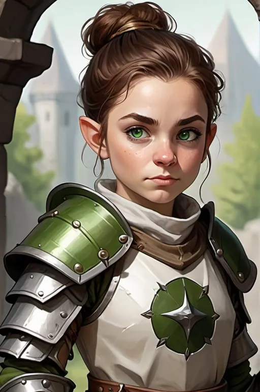 Prompt: female halfling cleric with brown hair in a messy bun and green eyes and pointy ears in the style of D&D
she must wear white scale armour and hold a shield