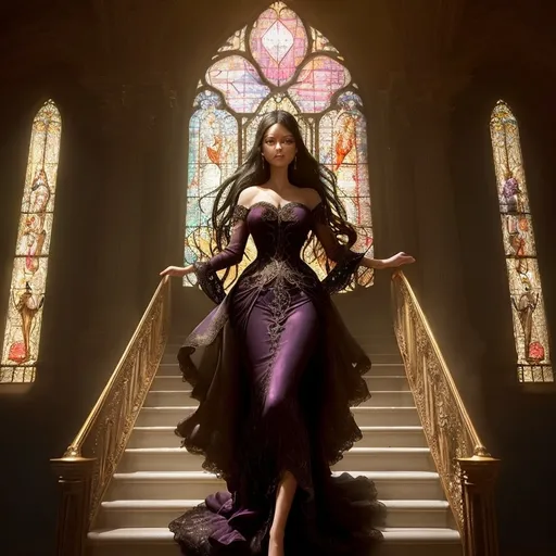 Prompt: Gorgeous woman on the stairs towards