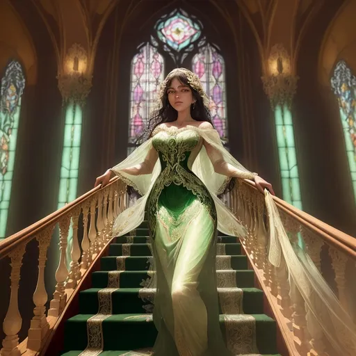 Prompt: Gorgeous woman on the stairs towards
