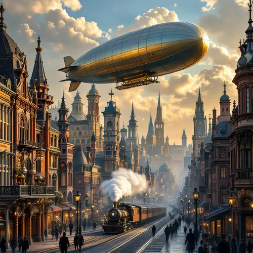 Prompt: Zeppelin above a city, train, in a steampunk setting