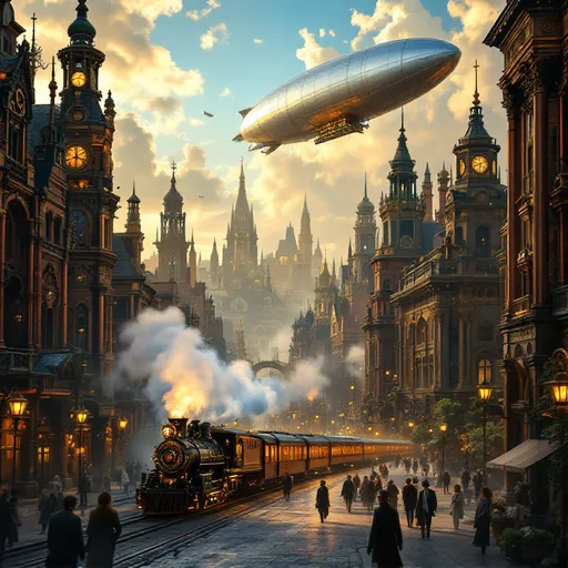 Prompt: Zeppelin above a city, train, in a steampunk setting