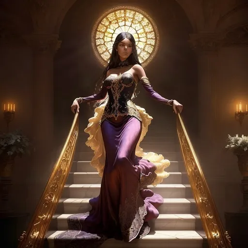Prompt: Gorgeous woman on the stairs towards
