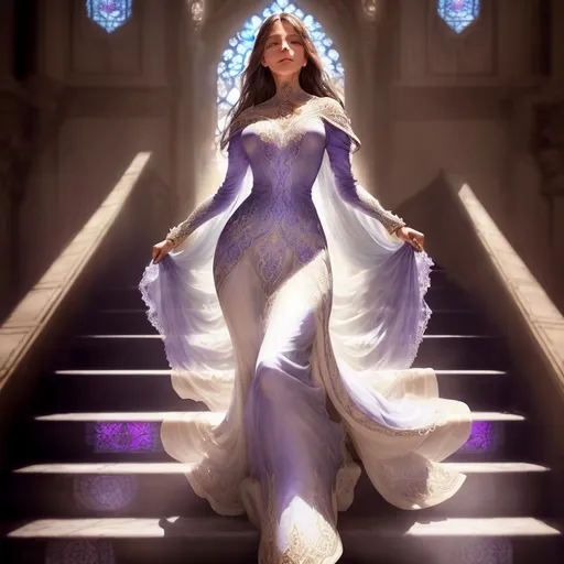 Prompt: Gorgeous woman on the stairs towards