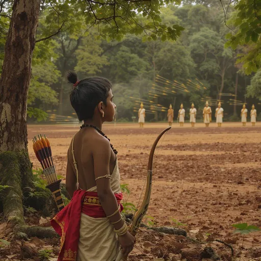 Prompt: A young tribal boy named Eklavya stands in a forest clearing, watching royal princes train in a palace ground far away. His eyes are filled with admiration and longing as he watches arrows fly. Traditional Indian attire, lush forest in the background, distant view of regal training with gold details. Calm, inspirational music plays.