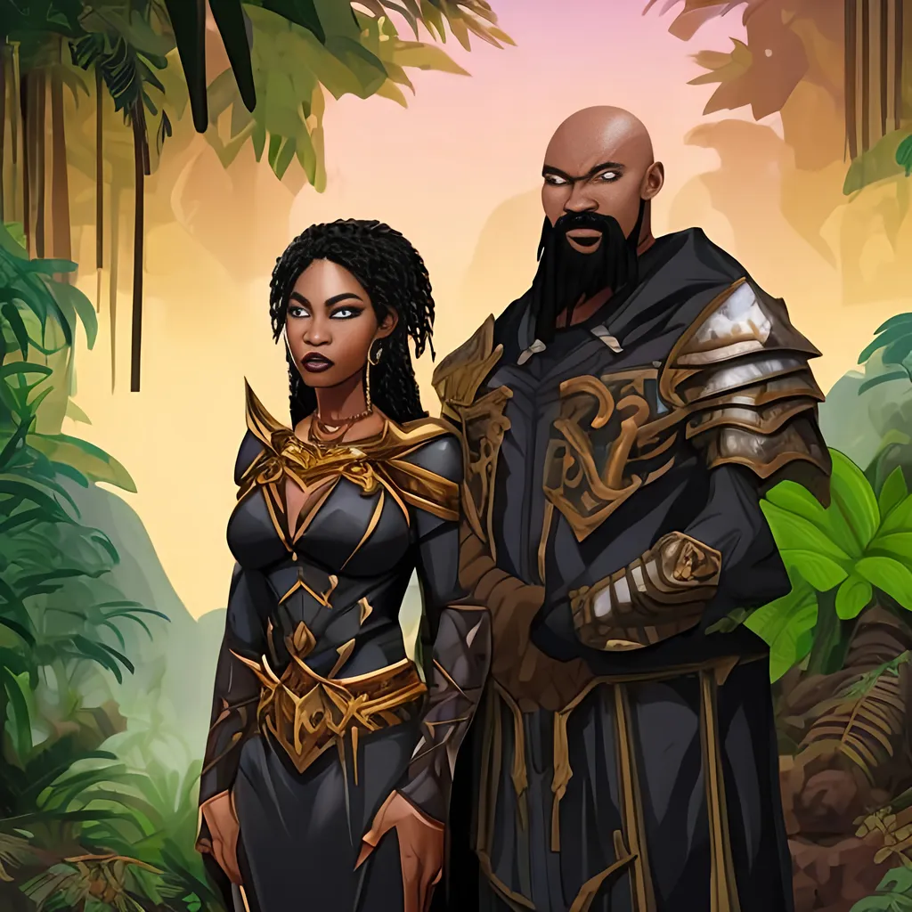 Prompt: Bald  Black man with goatee in warrior clothes and  black woman vampire sorceress armor .Jungle background.
