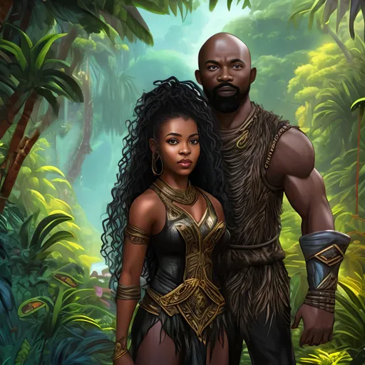 Prompt: Bald  Black man with goatee in warrior clothes and  black woman with wavy hair in sorceress armor .Jungle background.
