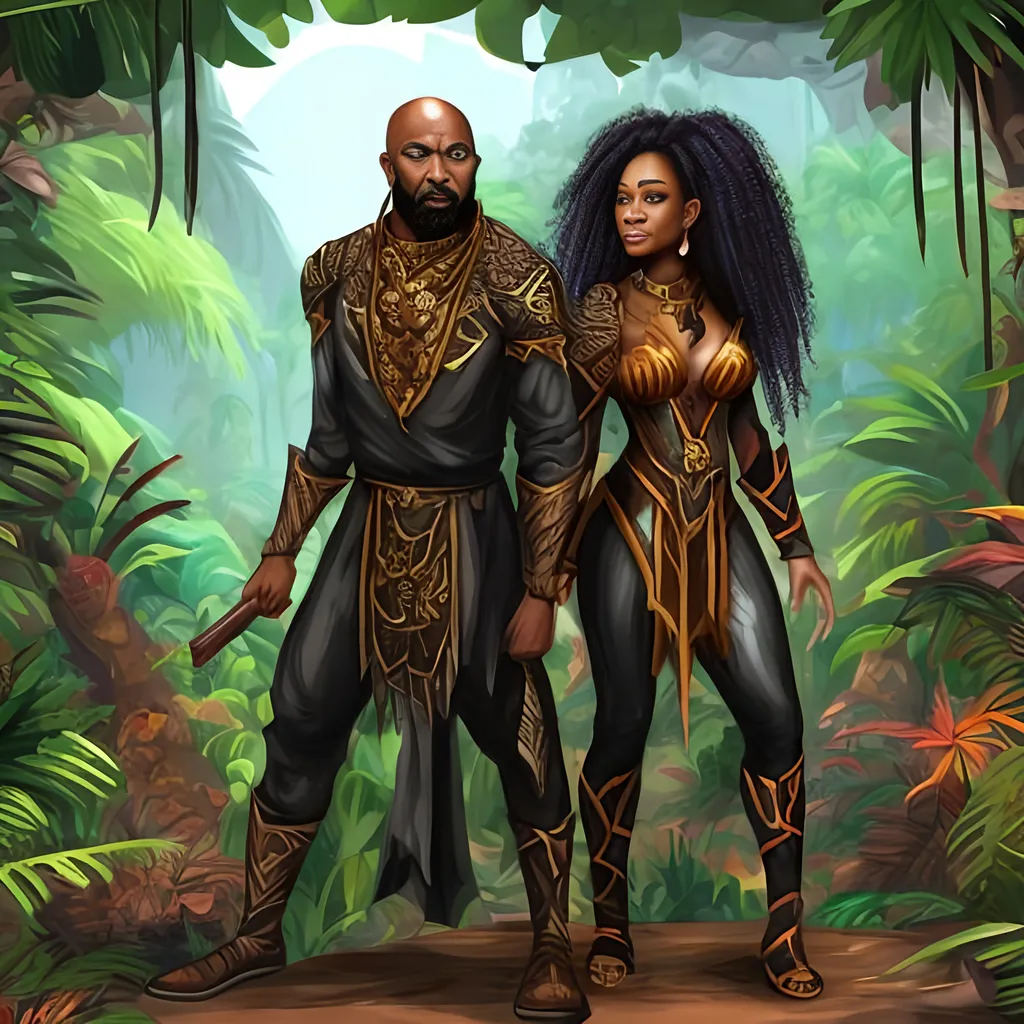 Prompt: Bald  Black man with goatee in warrior clothes and  black woman vampire sorceress armor .Jungle background.
