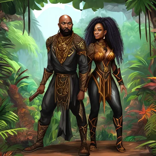 Prompt: Bald  Black man with goatee in warrior clothes and  black woman vampire sorceress armor .Jungle background.
