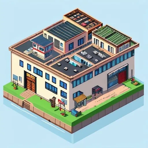 Prompt: 2d, realistic, isometric, factory, house, store