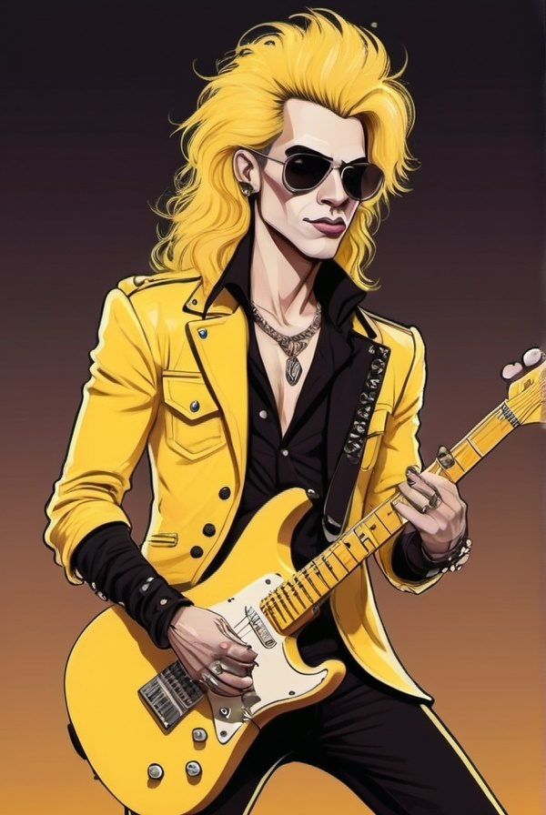 Prompt: Male guitarrist of a glam rock/pop rock band, with an androgynous and flamboyant vibe and mostly yellow color palette, drawn in a cartoony style