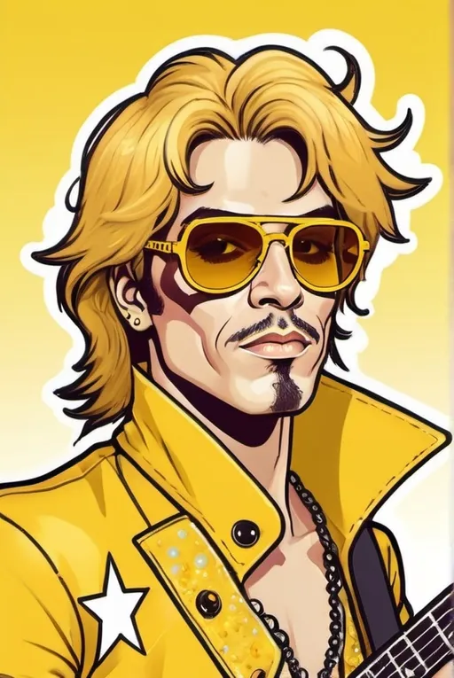 Prompt: Adult male guitarrist of a glam rock/pop rock band, with an androgynous, rich and flamboyant vibe, star-shaped sunglasses and mostly yellow color palette, drawn in a cartoony style