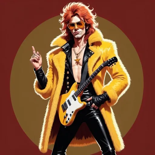 Prompt: full body draw of adult male rockstar, vocalist of a glam rock band, with mostly yellow color palette, star-shaped sunglasses, yellow fur coat, drawn in cartoony style 