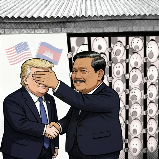 Prompt: help us by changing the face of the guy who is holding his hand across the face of Trump, so that he looks more like Hun Manet (I have attached two images of Manet as reference)