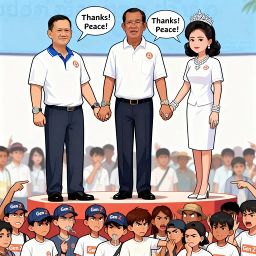 Prompt: Create a satirical cartoon (with light colors only) of these three people, smiling and waving as they are, with the same attires as they are wearing in the picture, standing on a small podium, wearing super expensive watches for the 2 men, and the woman is wearing very expensive jewelry, such as rings, bracelets, tiara, necklace with diamonds, etc. The husband and wife are holding hands. There is a bubble speech coming out of the 3 of them, in unison, that reads: Thanks! Peace!'.
In front of them, below (as in in the foreground), are scores of young Cambodians, of between 14 and 30 years old, men and women, most wearing t shirts and caps that read Gen Z on them. These are mostly city folk, with some country folk. All of them are looking up at the 3 people on the podium, and about 30% of those in the crowd have a face of utter disgust, 30% are outright vomiting, and the remaining 40% are looking at the 3 angrily, with some pointing their fingers at the three and waving their hands at them. 