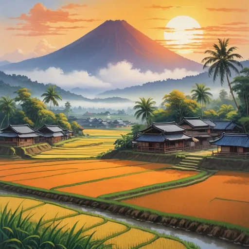 Prompt: The bright and beautiful landscape painting shows lush, terraced rice fields under a golden sunset. The layout is vertical, with the foreground dominated by a meandering river that reflects the warm colors of the sky. The center features carefully laid out rice fields, punctuated with tall, slender coconut trees. Traditional wooden houses with thatched roofs are nestled among the greenery, adding a cultural touch to the scene. In the background, a majestic mountain, perhaps a volcano, rises above the mist, its peak covered in snow. The sky is a round sun colored in gradations of warm orange and yellow, transitioning to dark blue when it meets the horizon.