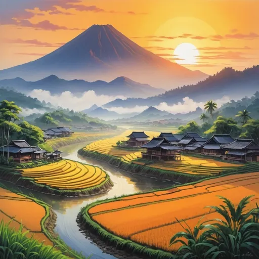 Prompt: The bright and beautiful landscape painting shows lush, terraced rice fields under a golden sunset. The layout is vertical, with the foreground dominated by a meandering river that reflects the warm colors of the sky. The center features carefully laid out rice fields, punctuated with tall, slender coconut trees. Traditional wooden houses with thatched roofs are nestled among the greenery, adding a cultural touch to the scene. In the background, a majestic mountain, perhaps a volcano, rises above the mist, its peak covered in snow. The sky is a round sun colored in gradations of warm orange and yellow, transitioning to dark blue when it meets the horizon.