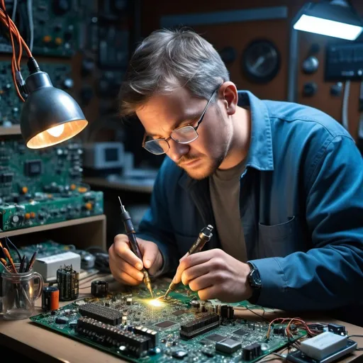 Prompt: A picture of a man repairing a circuit board