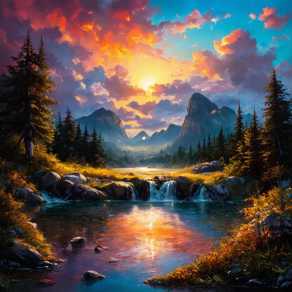 Prompt: FANTASY MYSTICAL, SUNSET WITH CLOUDY SKY RED PINK ORANGE YELLOW BLUE, FOREST, LAKE, MOUNTAINS, WATER FALLS