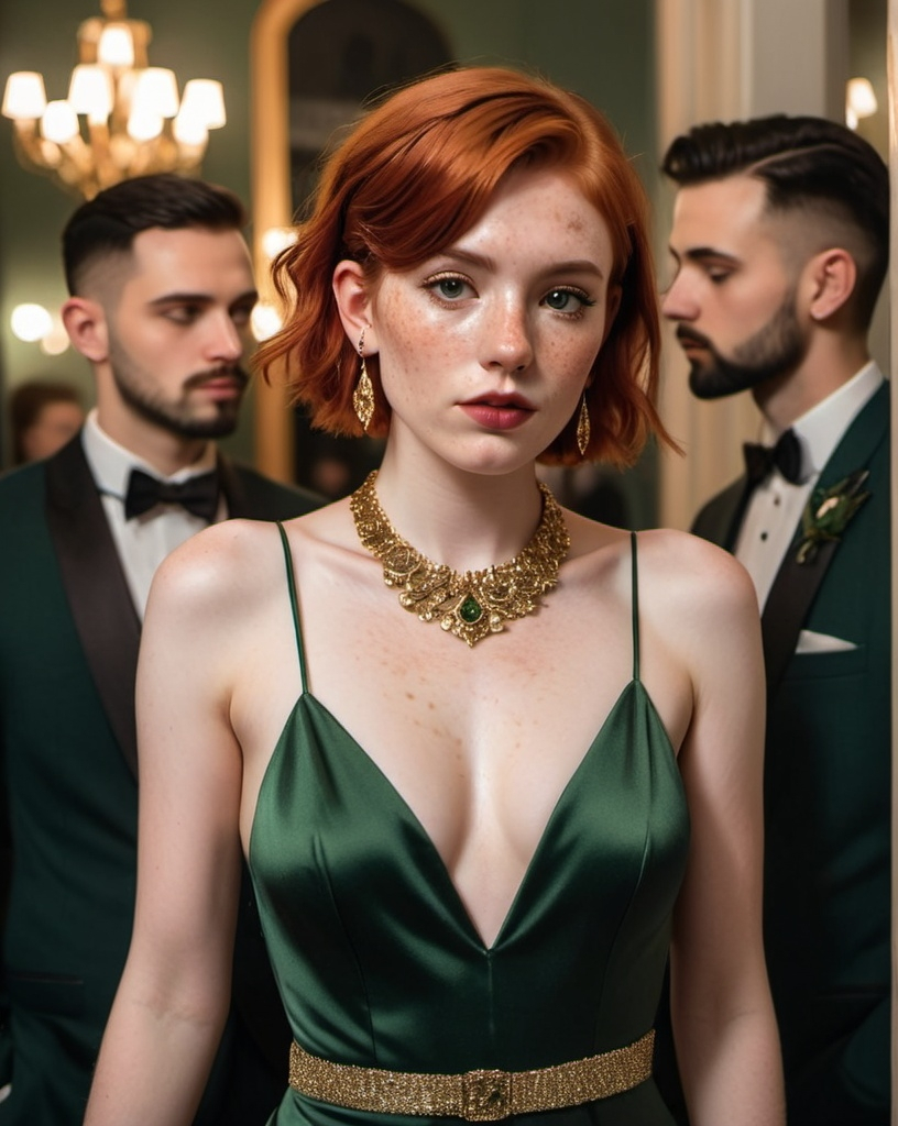 Prompt: editorial fashion style, (realistic) pale freckled small busted woman, 24 years old, short red hair, (evening) color scheme, detailed clothing, dark sage green elegant gown and gold heels, gold earrings, gold septum ring, at a formal event with several men in tuxedos around her, (evening formal party indoor lighting),  ultra-detailed, high-quality