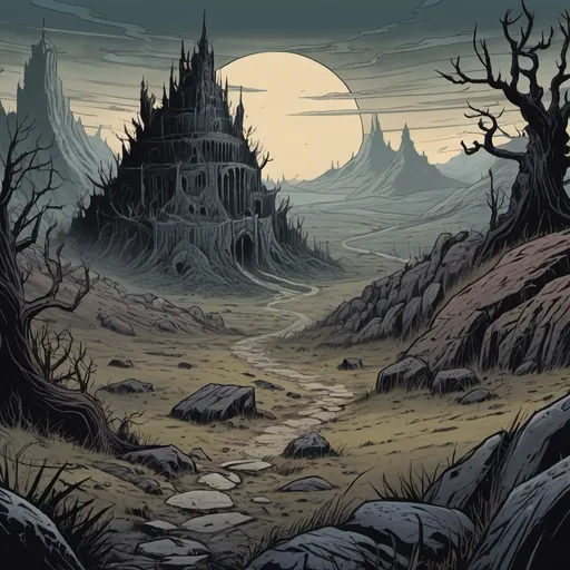 Prompt: beastgrave background, landfields, detailed, dark colors, dramatic, graphic novel illustration,  2d shaded retro comic book