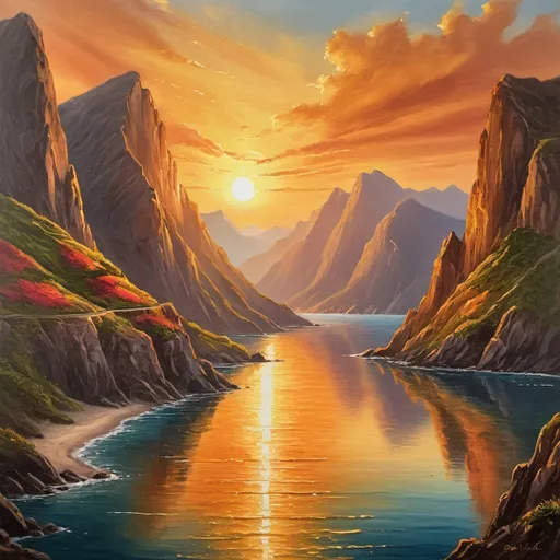 Prompt: Beautiful sunset between two mountains, ocean below, vibrant warm colors, high-quality landscape painting, oil on canvas, detailed water reflections, serene atmosphere, majestic sun setting, golden hour lighting, scenic view, peaceful ambiance, 4k, ultra-detailed, landscape painting, vibrant colors, oil painting, serene, majestic, golden hour, detailed reflections, high-quality