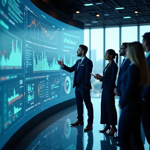 Prompt: Hyper-realistic image of a modern, high-tech control center during daytime. On the right side of the image, a confident, diverse team of business professionals (3–4 people, dressed in smart business attire) is actively engaged with a large, curved digital wall screen displaying real-time B2B lead generation data. The screen shows animated graphs, live lead cards, CRM metrics, and outreach results in glowing UI overlays, with color accents in navy blue, teal, and white. One team member gestures toward the data as another takes notes on a tablet. The background includes floor-to-ceiling windows showing a city skyline, and ambient lighting creates a bright, clean, futuristic atmosphere. The left third of the image is clean and subtly blurred, with soft light gradients—ideal for overlaying headline text or a call-to-action.