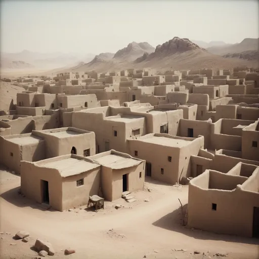 Prompt: An old village in Arabia ,captured with a far angle and muted colors typical of early film photography