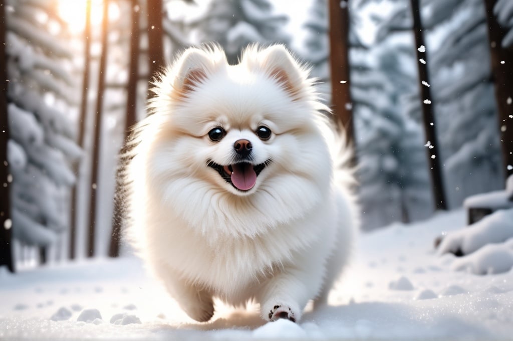 Prompt: Photorealistic snow forest landscape, snow falling, cute little happy white fluffy Pomeranian playing in the snow, low camera angle, full body visible