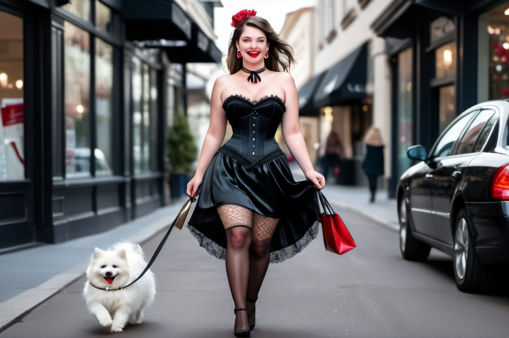 Prompt: A smiling curvaceous Caucasian woman with brown hair, mullet haircut, red lips, blue eyes, wearing black hoops earrings, a black satin choker with a small red rose, a black satin and lace corset with small ribbons and lace, a short black tule skirt, black fishnet stockings and black high heeled pumps, walking in a posh upscale shopping street, carrying a black designer handbag in her hand and a very small fluffy white Pomeranian dog on the leash in her other hand