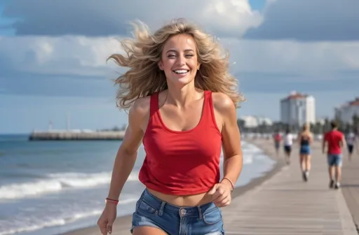 Prompt: A beautiful curvy petite Caucasian happy smiling woman, long brown with blonde highlights feathered Farrah Fawcett hairstyle, blue eyes, wearing a sleeveless red crop top and a pair of jeans shorts, white sneakers, running on the promenade along the beach, blue cloudy sky, photorealistic