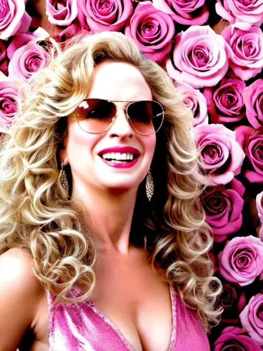 Prompt: Glamour photography of a woman with brown with blonde highlights Farrah Fawcett hairstyle with pink roses flower wall background photorealistic