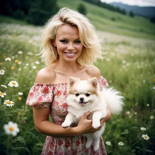 Prompt: Holga photography, a Caucasian smiling woman with dark blonde hair Pamela Anderson style, wearing a floral off-shoulder summer dress, picking flowers in a romantic wild flower field with her cute little fully white Pomeranian 