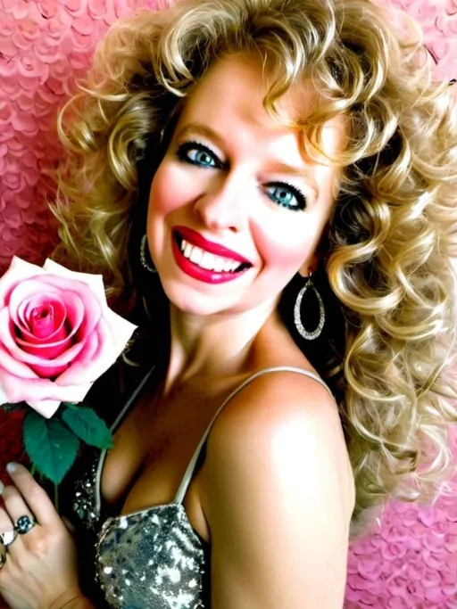 Prompt: Glamour realistic photography of a woman with brown with blonde highlights Farrah Fawcett hairstyle with pink roses flower wall background 